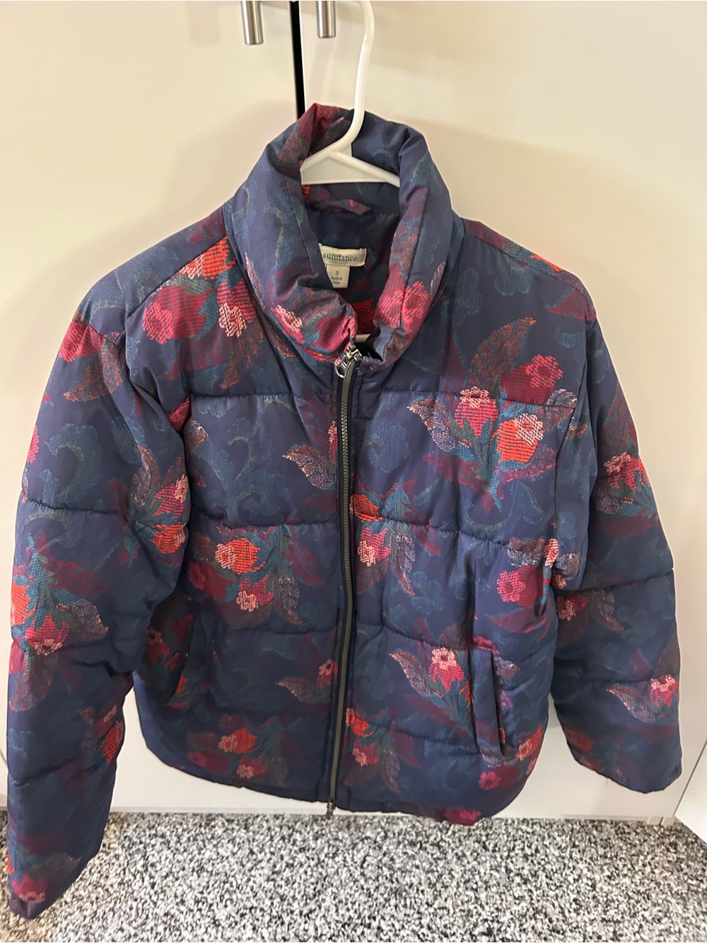 Sundance Quilted Navy Puffer Jacket with Red & Pink Floral Print